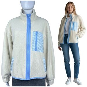 Sandy Liang Sherpa Fleece Gingham Full Zip Jacket Size Medium Cozy Luxury Grung